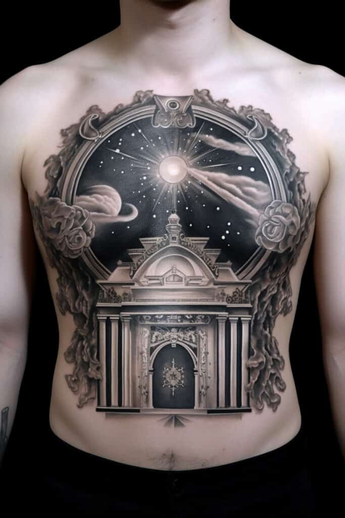 Heavenly gateway tattoo that features a grand gateway that leads up to the heavens, with a staircase that ascends towards the sky
