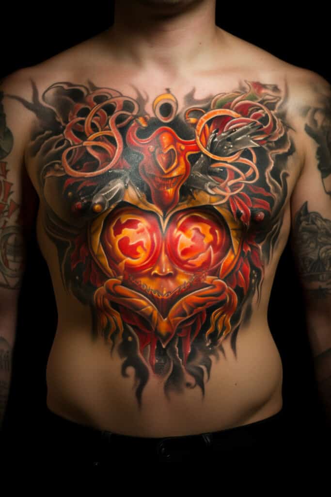 man's chest with a Burning Heart tattoo, featuring a bold depiction of the heart in red and orange ink, surrounded by flames and other elements like banners or flowers