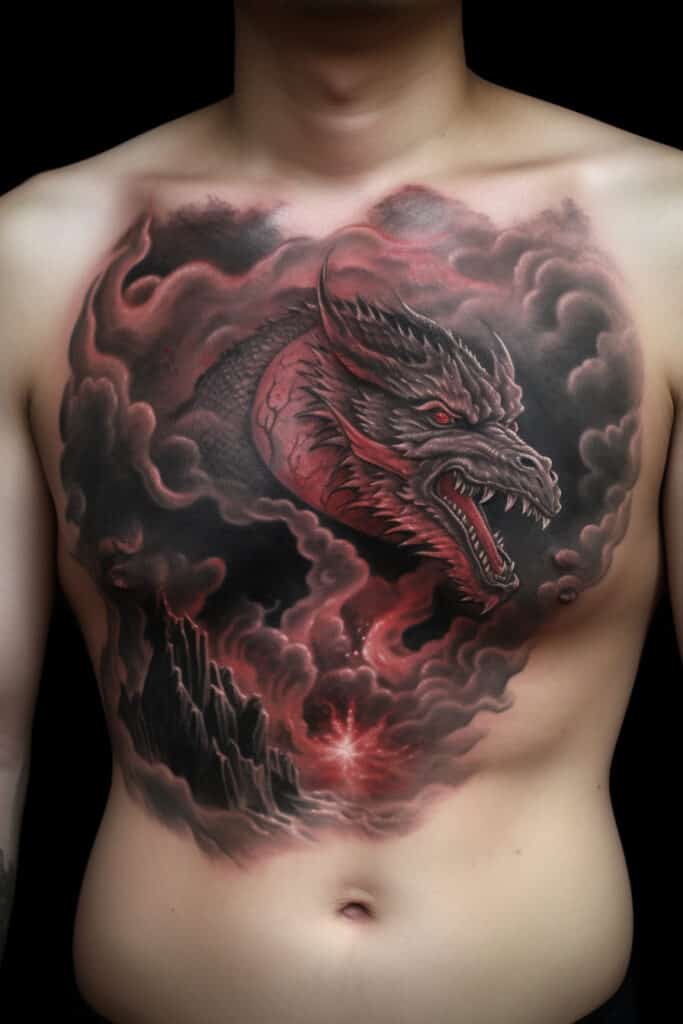man's chest with a Fire Breathing Dragon tattoo, featuring a detailed depiction of the dragon in black and red ink, surrounded by clouds and mountains