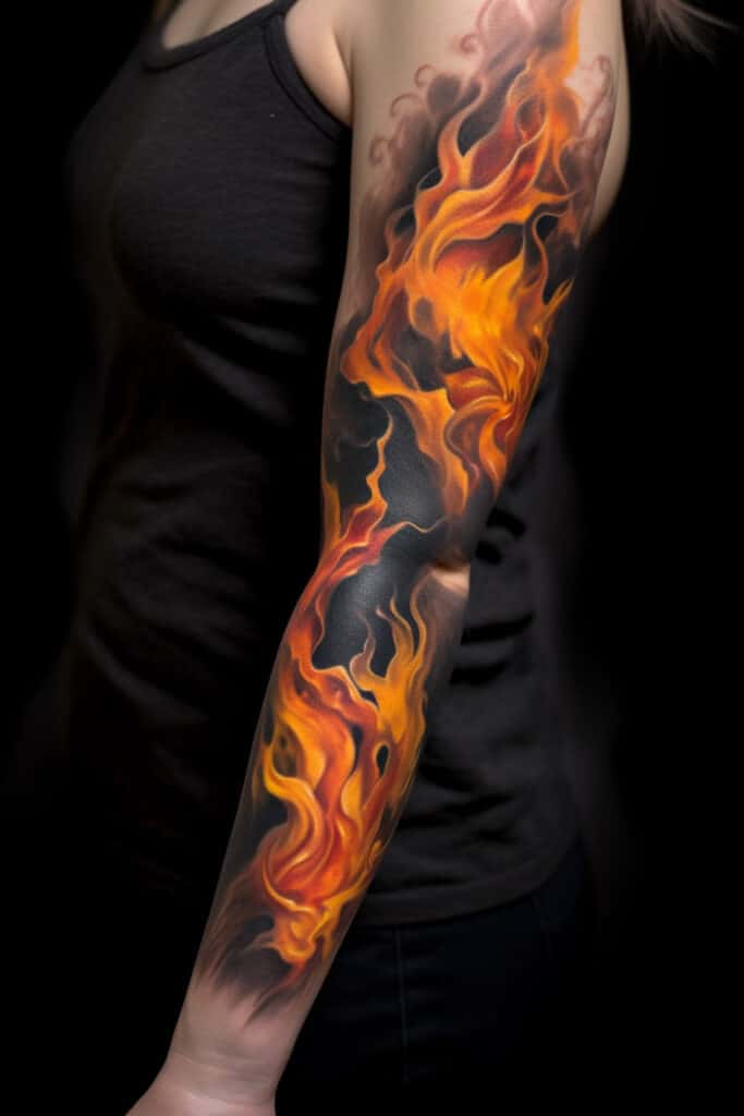 woman's arm with a Flame Sleeve tattoo, featuring a dynamic depiction of the flames in orange and yellow ink